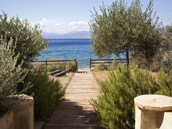 A wooden boardwalk across the lawned garden leads to the sea gate. 